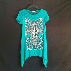 Teal bling Tinkerbell-cut top